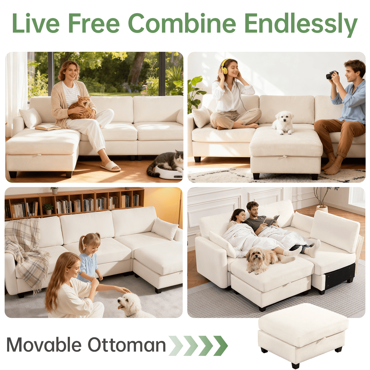 109" Modular L-Shaped Sectional Sofa, Convertible 4-Seat Sleeper Couch with Storage Ottoman, Movable Ottomans, Oversized Deep Seat for Living Room Apartment