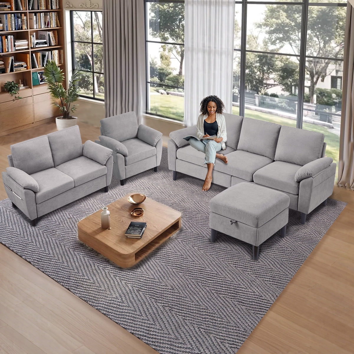  Chireca 4 Piece Convertible Sectional Sofa Set, Modern Linen Small L Shaped Couch with Reversible Chaise, 3-Seater Sofa & Loveseat & Armchair for Living Room, Office, Apartment, Lightgrey