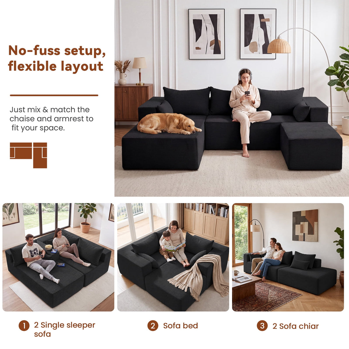  106" Cloud Sectional Boneless Couches for Living Room, Modular U Shaped Couch with Deep Seat, Removable Ottoman, Memory Foam Compressed 4 Seater Sofa for Bedroom Apartment, Black