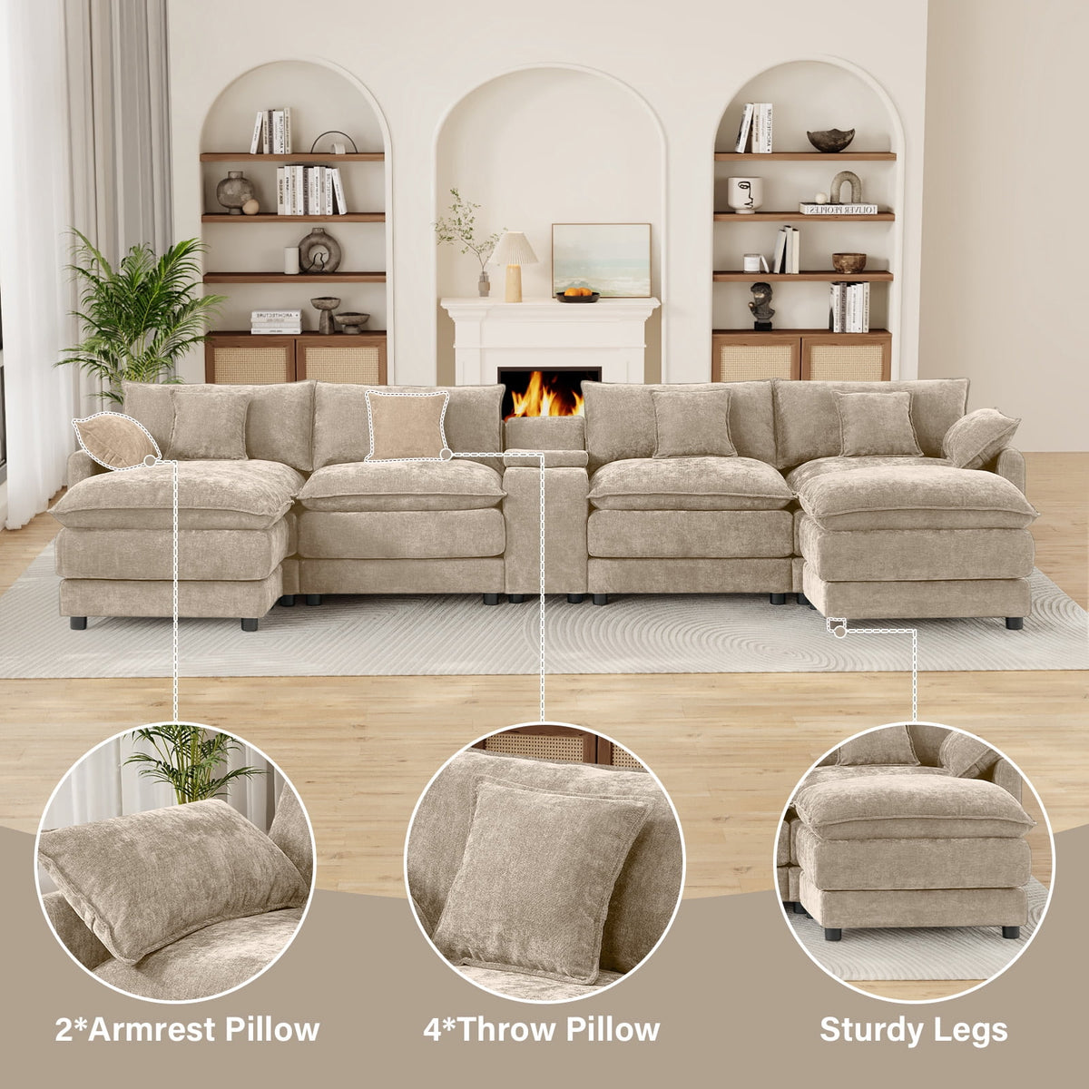 Wiilayok 145" Modular Sofa Set,Large Chenille U Shaped Sectional Sofa with Ottoman,Central Console,Cup Holder,5 Seater Deep Seat Couch for Living Room Furniture,Brown