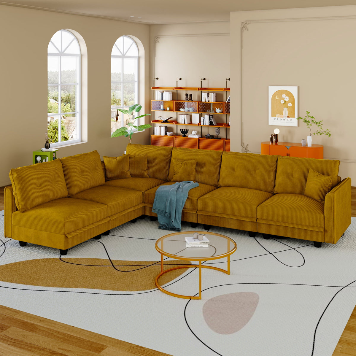 Modular Sectional Sofa, Modular Sectional Couch with Storage, 6 Seat Corduroy Oversized Sofa with 6 Back Cushion 6 Throw Pillow Yellow
