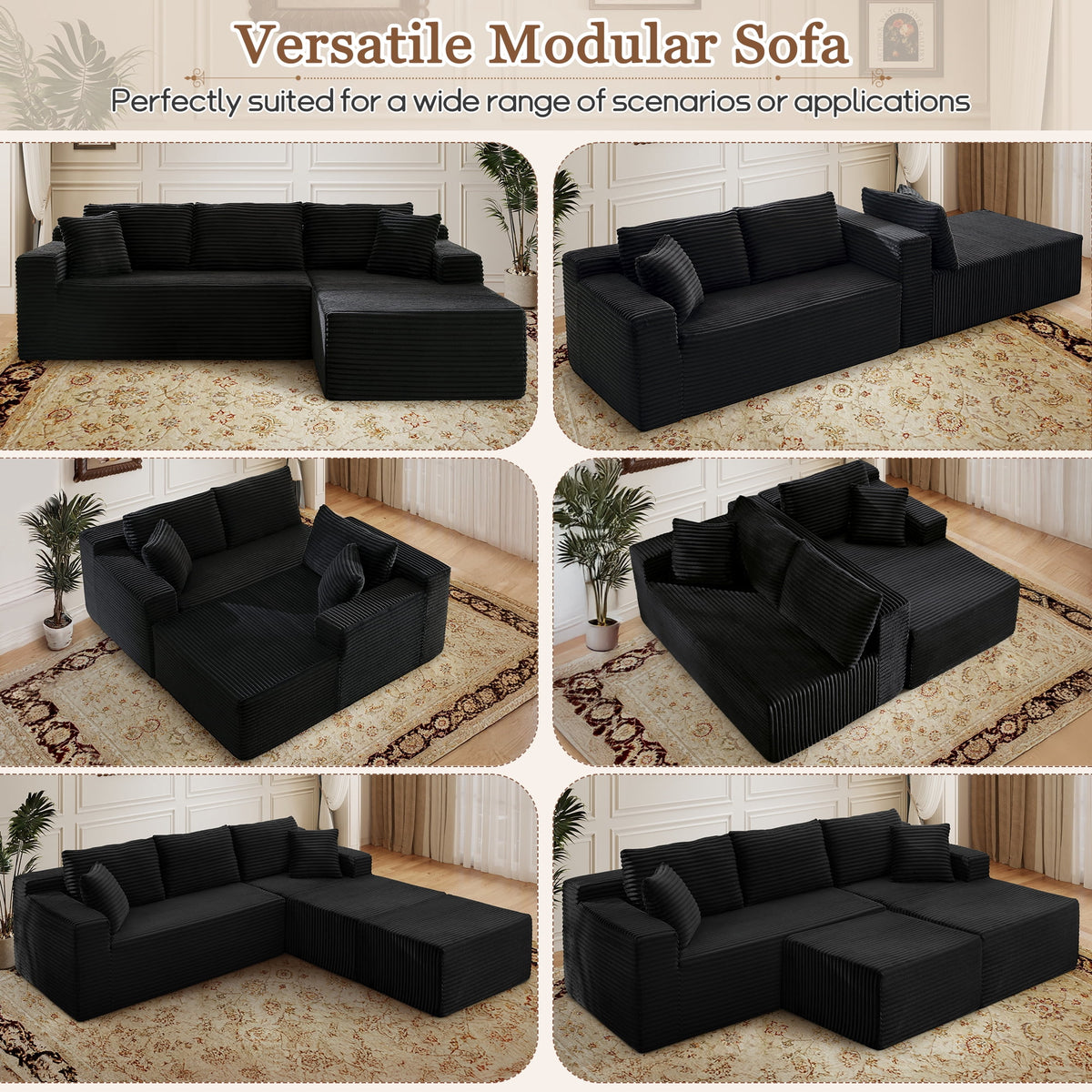 Muumblus Modular Sectional Sofa, Oversized U-Shape Cloud Couch, Modern Corduroy Sleeper Couches for Living Room, No Assembly Required, Black (Right Facing Chaise)