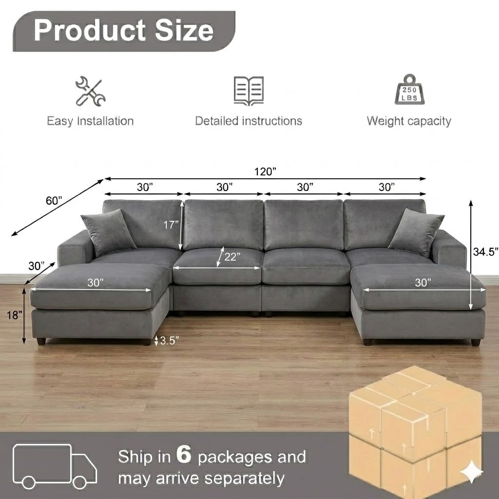 120" Modular Sectional Sofa U Shaped Cloud Couch with 2 Movable Ottomans, 6 Seat Polyester Sofa with Washable Removable Covers for Living Room, Dark Grey