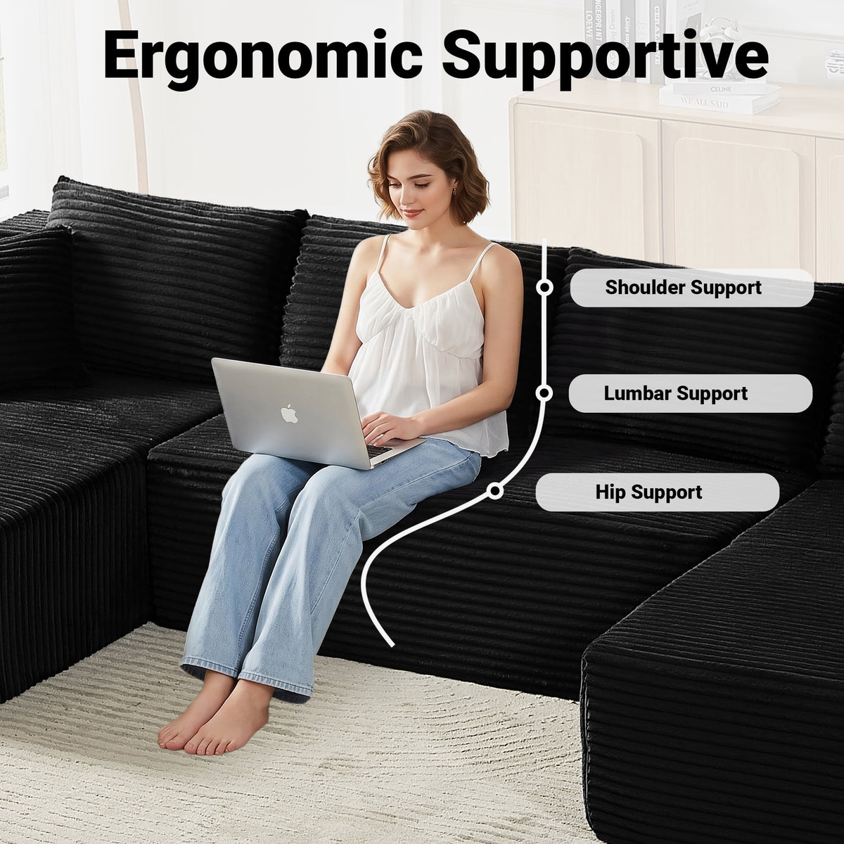  125 Inch Modular Cloud Couch Sectional Sofa for Living Room, Modern Corduroy Boneless Couch, Upholstered Deep Seat U Shape Sofas Couches, No Assembly Required, Black