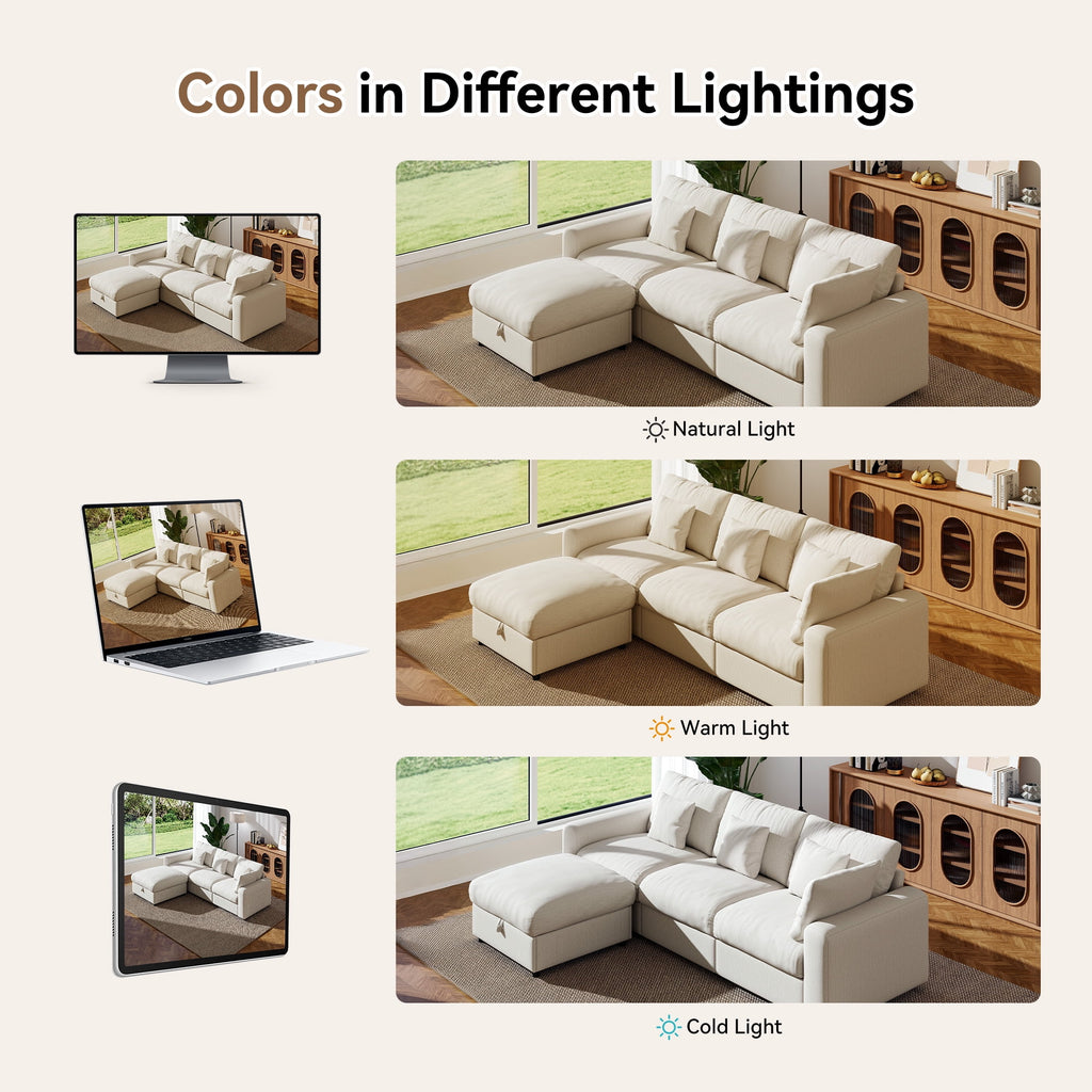  110" Large Modular Sectional Cloud Sofa with Removable Storage Ottoman, Extra Deep Seat Couch, Living Room Furniture, Chenille Beige
