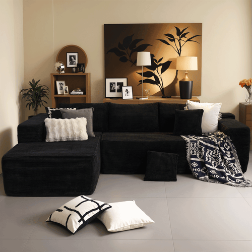  106" Boneless Sectional Couch, Deep Seat Modular L-Shaped Sofa with Chaise for Living Room, Apartment, Black (Corduroy)