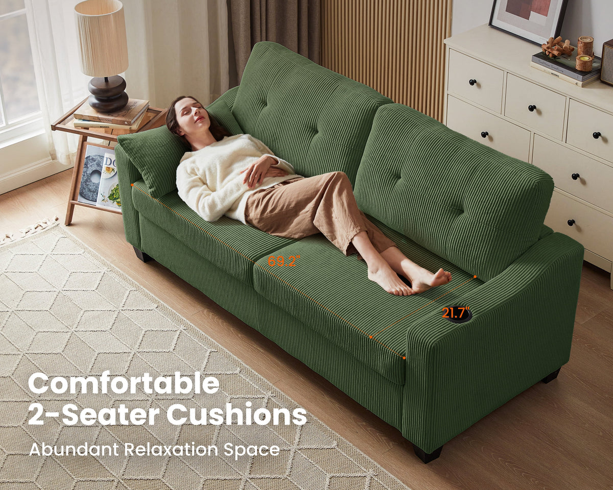 CHIC HOUSE Pull Out Sofa Bed Couch Queen Size with Mattress USB, Convertible Sleeper Sofa Loveseat for Small Spaces RV, Corduroy Pull Out Couch Bed for Living Room with Cup Holders LED Lights, Green