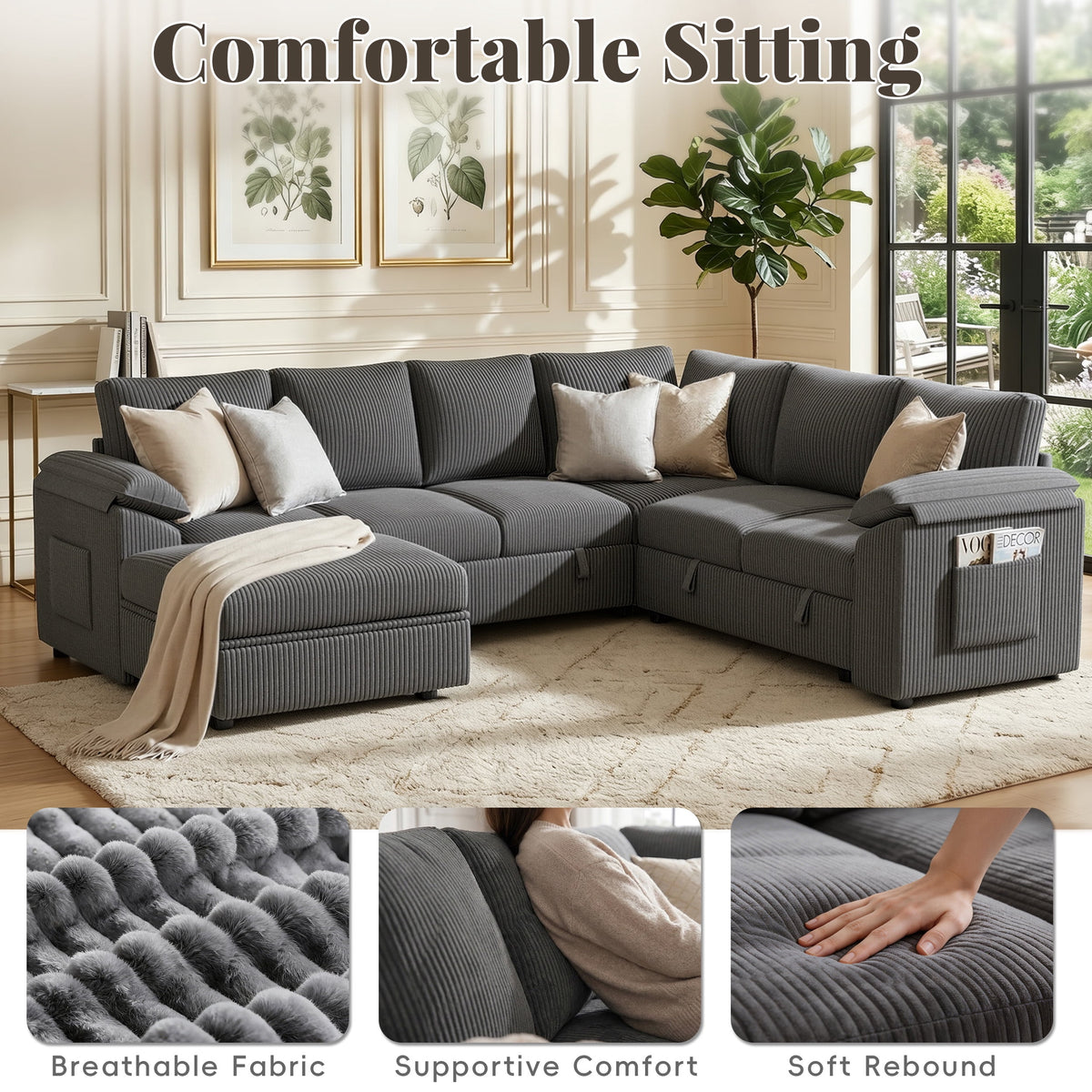 Time Ray 7 Seaters Storage Sectional Sleeper Sofa with Pull Out Bed,Modular Sectional Sofa with Storage Ottoman,Side Pocket,2 Loveseat,Plush Corduroy Sectional Couches for Living Room,Grey