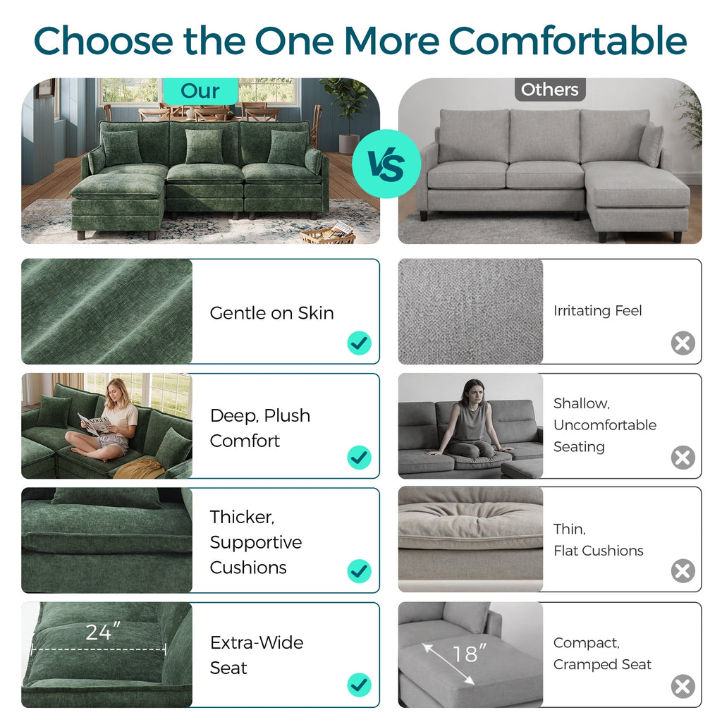  98" L-Shape Modular Sectional Sofa with Moveable Ottoman, Cloud Couch Seats 3 for Living Room, Apartment, Green
