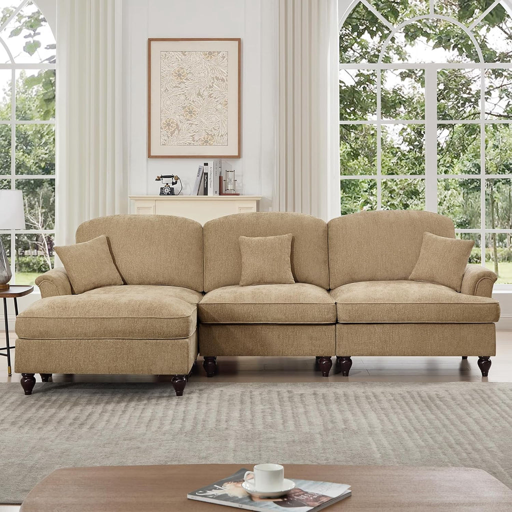 Modular L Shaped Sectional Couch with Ottoman, Chaise Lounge Sofa with Removable Ruffles Pleats Skirts, 3-Seat Deep Seat Sofa for Living Room, Light Coffee