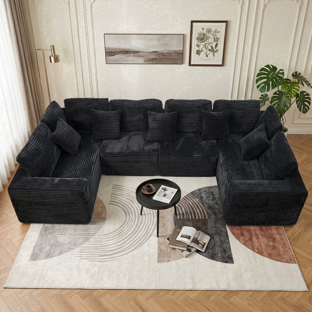  138.5" Sectional U Shaped Couch,Black Sectional Cloud Boneless Sofa For Living Room,Plush Corduroy Couches With Deep Seat Chaise Lounge,No Assembly Required