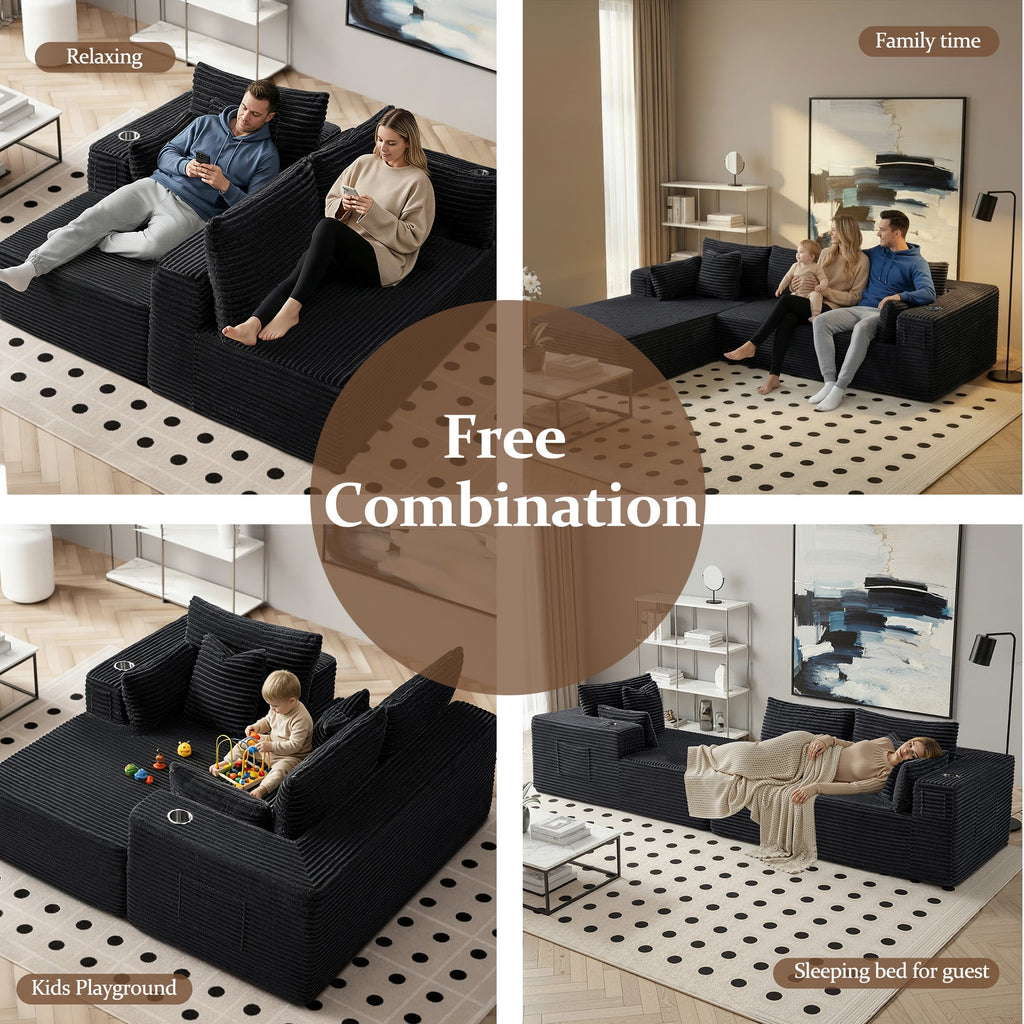 108" Modular Sectional Sofa, L-Shaped Cloud Couch with 59" Extra-Deep Chaise, 75D Memory Foam, Boneless Plush Corduroy Sofa, No Assembly, Black