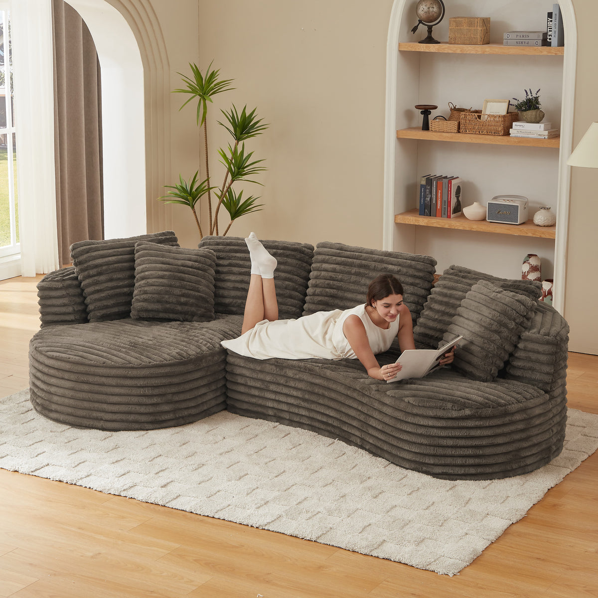 MAYEERTY 120.9" Brown Corduroy Curved L Modular Sectional Sofa, Pocket Spring No Assembly Couch for Living Room Reception