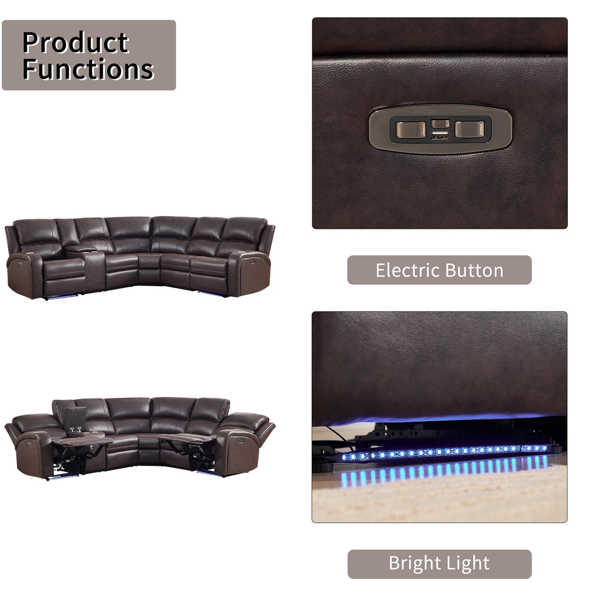  Power Reclining Sectional Sofa with LED Lights ? Faux Leather L-Shape Sectional with Dual Power Recliners, Storage Console & Cup Holders