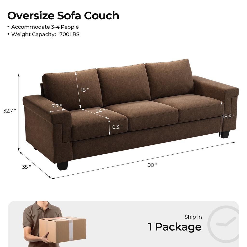 BLAZANT 90 Inch Sofa Couch, 3 Seater Couches with Deep Seats, Modern 3-Seat Sofa for Living Room Apartment Lounge, Detachable Sofa Cover, Brown