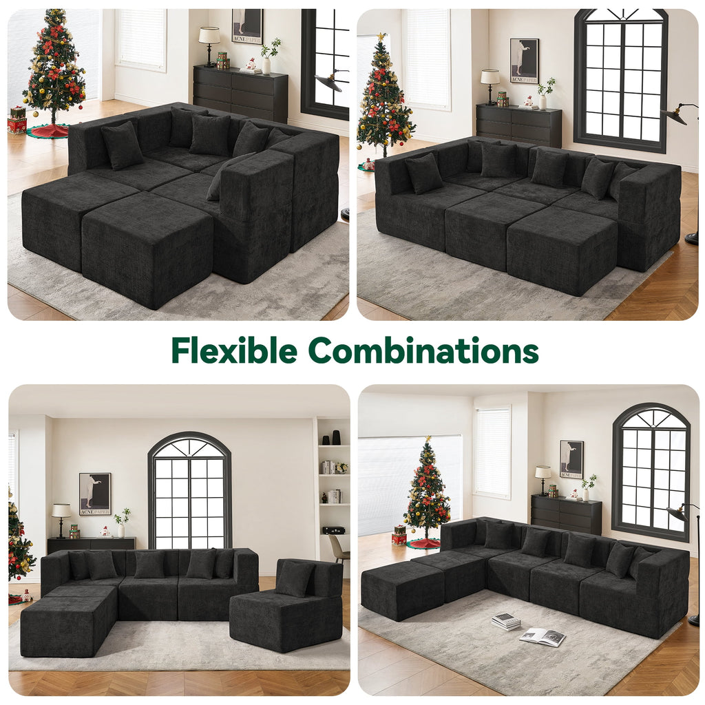  130" 6-Piece Modular Sectional Sofa with 2 Movable Ottomans, U-Shaped Cloud Couch for Living Room, Modern Chenille Deep Seat Sofa Set, Flexible Oversized Sleeper Couches, Black