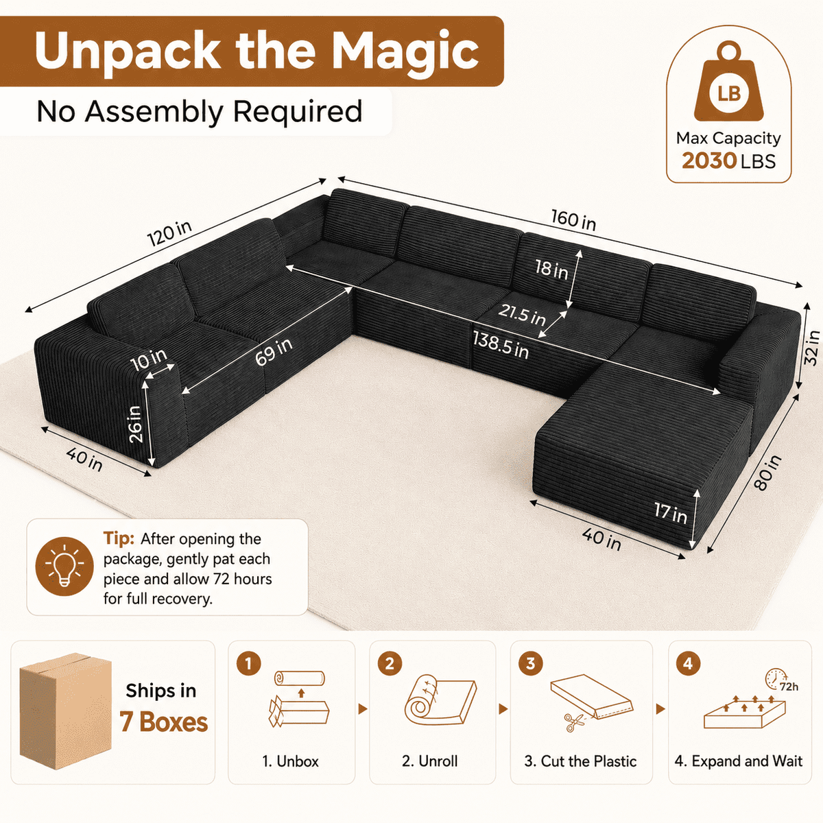 160" Oversized Boneless Sectional Couch Bed for living room, 7 Seats, Corduroy Modular U Shaped Sofa, Big Comfy Home Apartment Furniture, No Assembly Needed, Black