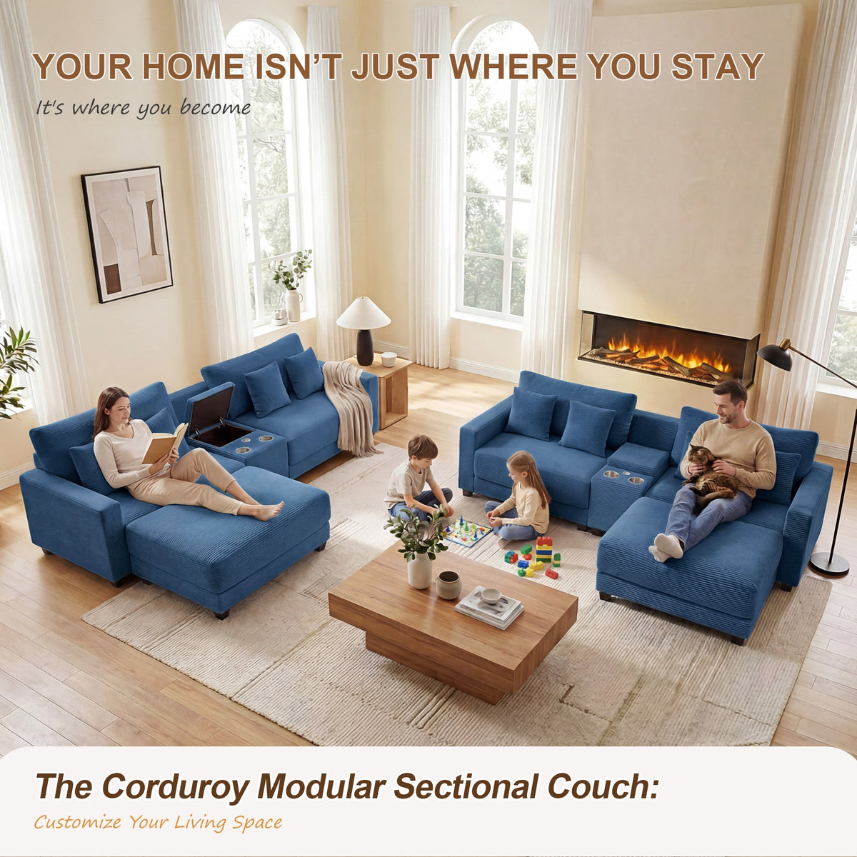 RIAFUN 111.8" U-Shaped Modular Sectional Sofa with 2 Ottomans, 4-Seat Oversized Corduroy Couch with Storage Box, USB/Type-C Port & 2 Cup Holders for Living Room, Navy
