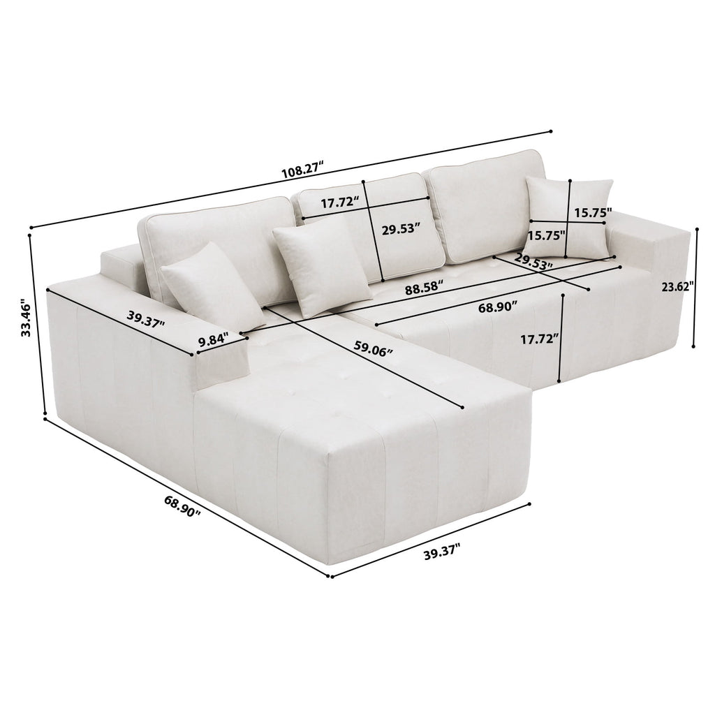  108" Sectional Sofa, Modular Sectional Couch with Right Chaise, Deep Seat Faux Leather Cloud Sofa for Living Room