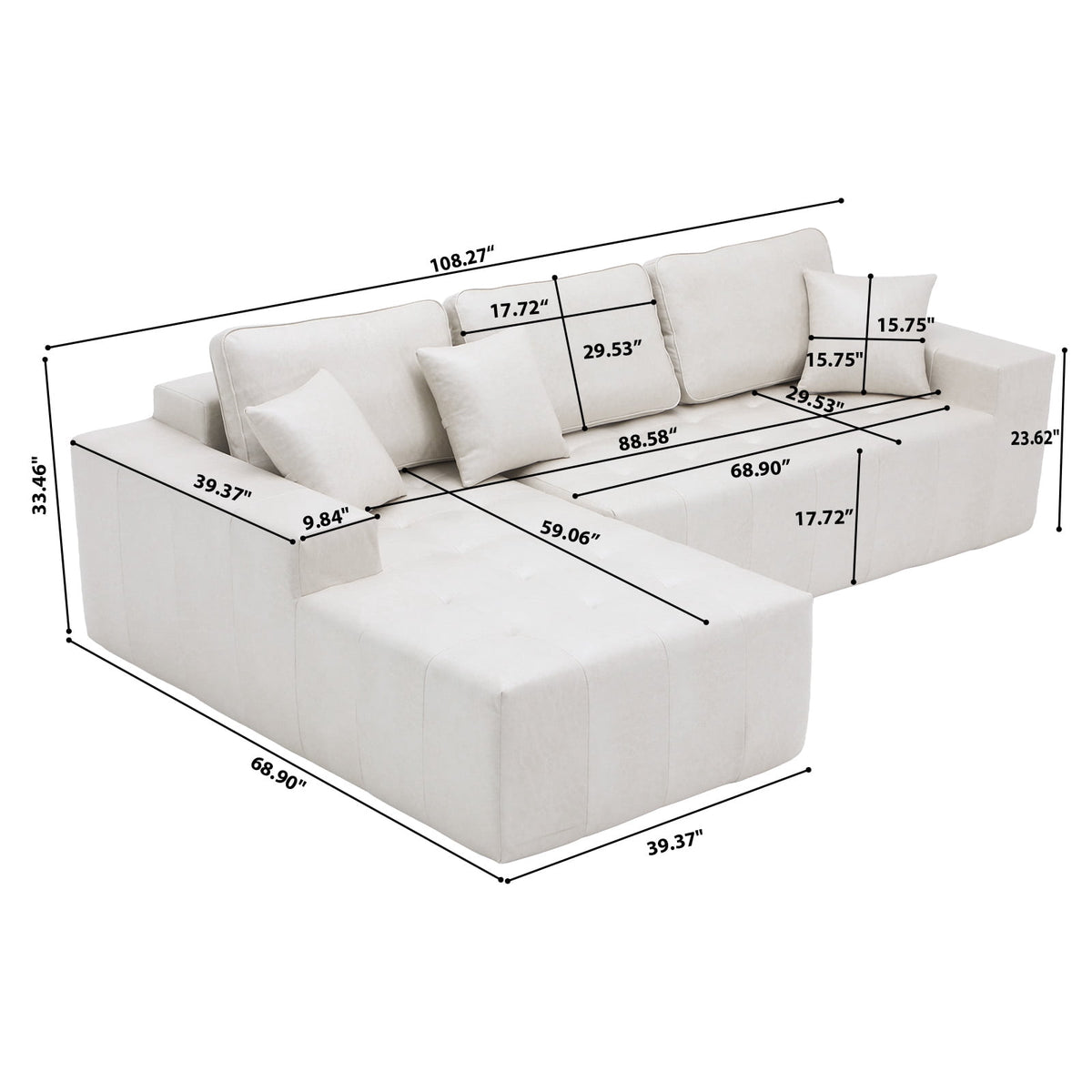  108" Sectional Sofa, Modular Sectional Couch with Right Chaise, Deep Seat Faux Leather Cloud Sofa for Living Room