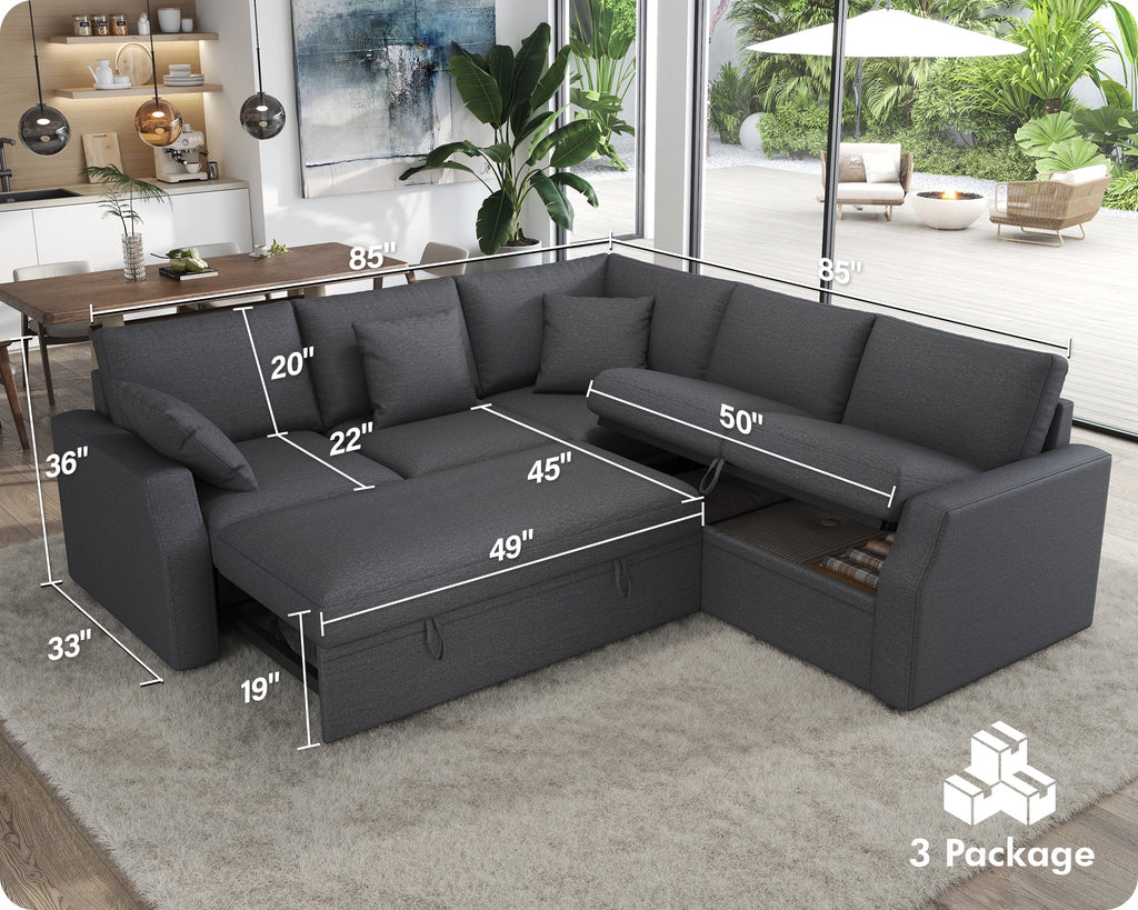 VANACC 85" L-Shaped Sleeper Sofa Bed with Storage, Grey Linen Couch