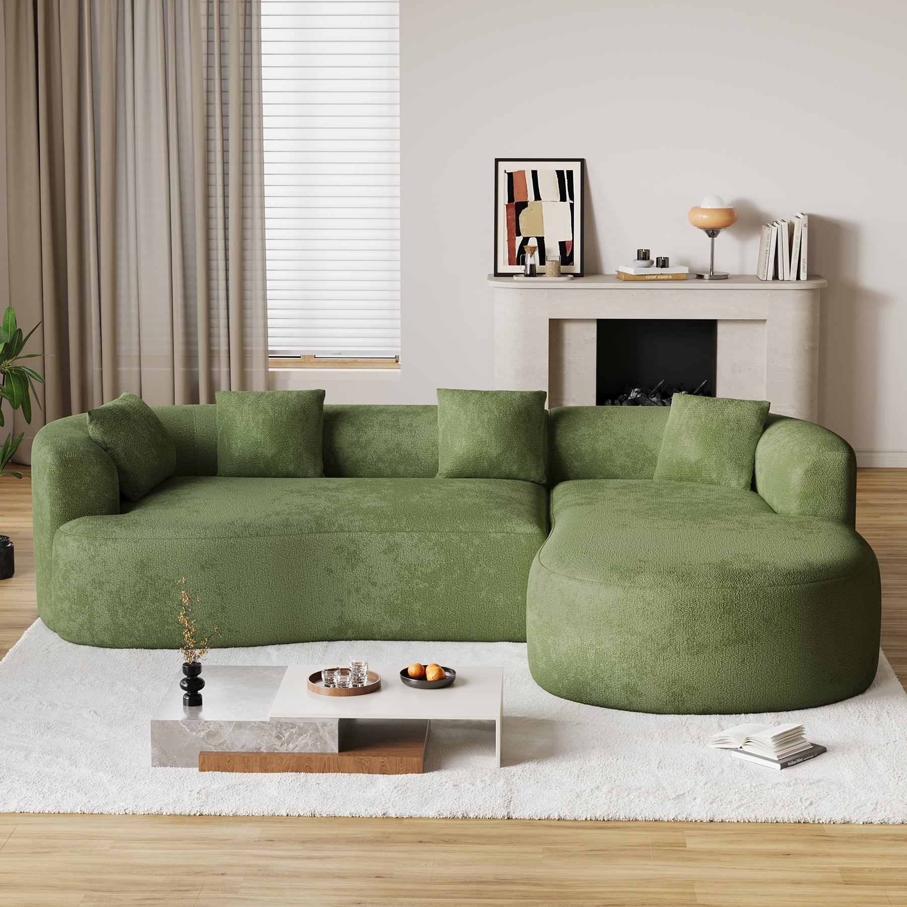 Wiilayok 110" Chenille L Shaped Sectional Sofa,Curved Sofa Couch with Right Chaise,Cloud Compression Deep Seat Sofa Couches for Living Room,No Assembly,Green