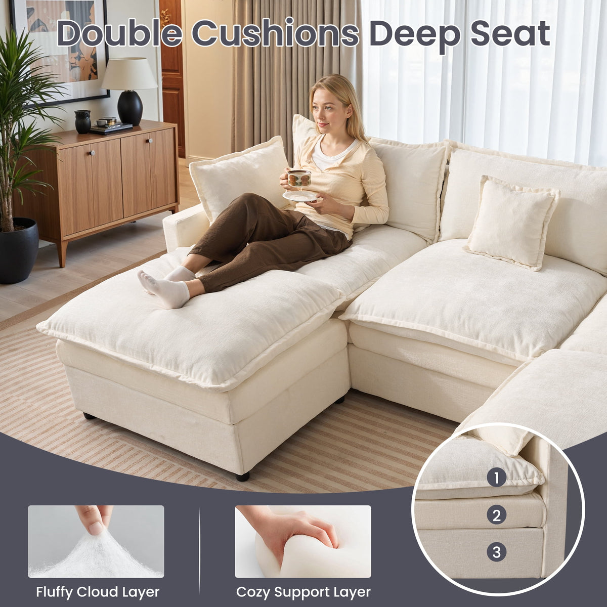 XIZZI 107.9" Modular Sectional Sofa with Double Ottomans, Deep Seat Cloud Couch with Chenille Fabric, Dual Thick Cushions and Solid Wood Frame for Living Room-Beige