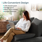  90.5" Sectional Sleeper Sofa With Pull Out Bed, Storage Chaise & USB Charging, Pull Out Couch with Side Pocket & Two Pillows for Living Room, Corduroy Grey