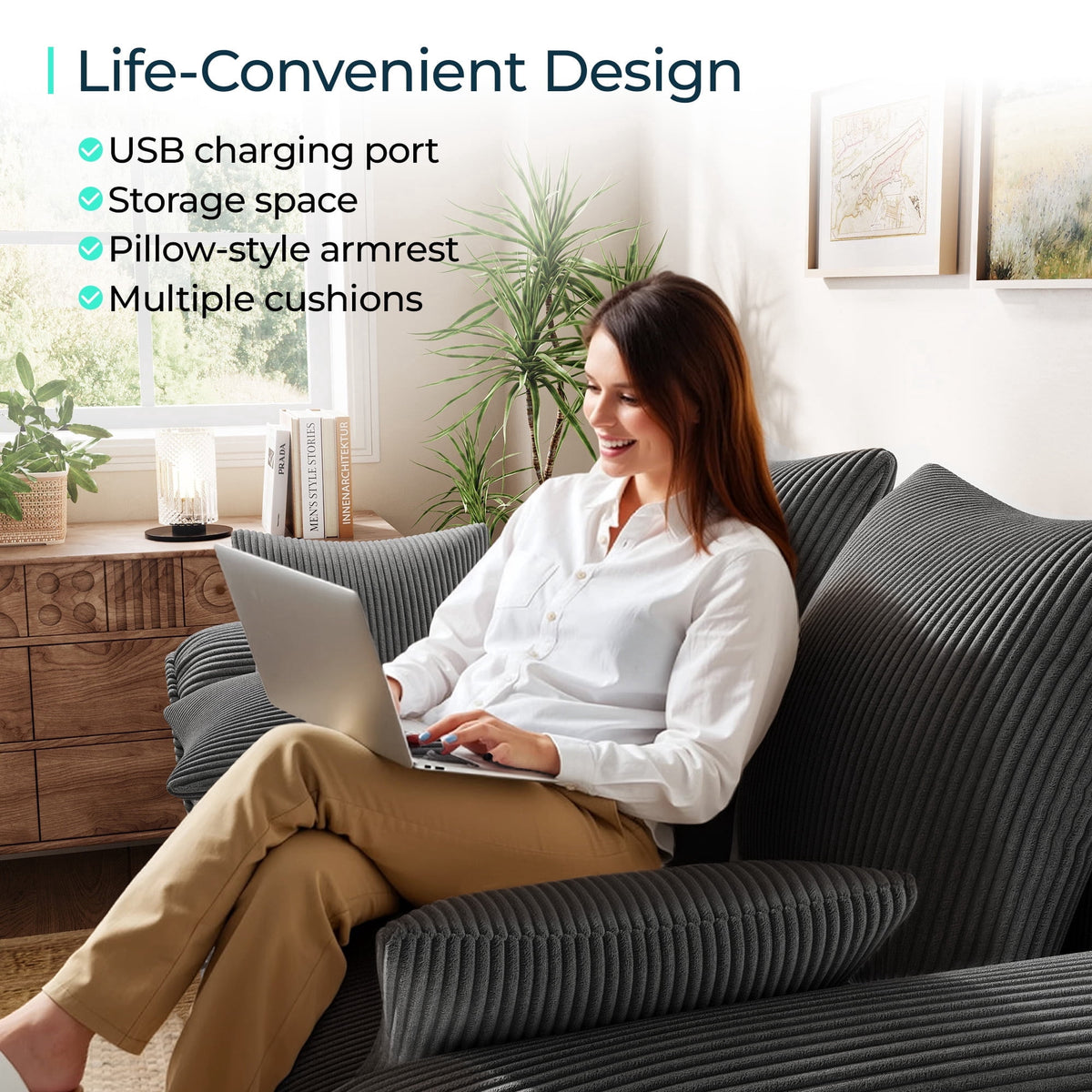  90.5" Sectional Sleeper Sofa With Pull Out Bed, Storage Chaise & USB Charging, Pull Out Couch with Side Pocket & Two Pillows for Living Room, Corduroy Grey