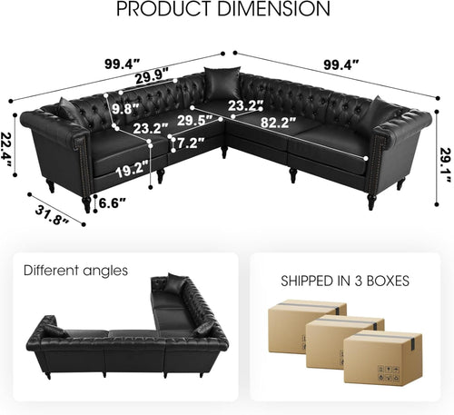  Sectional Sofa, 100" x 100" Chesterfield Sofa with Rolled Arms and Nailhead, 5 Seat Faux Leather Tufted Couch for Living Room Black