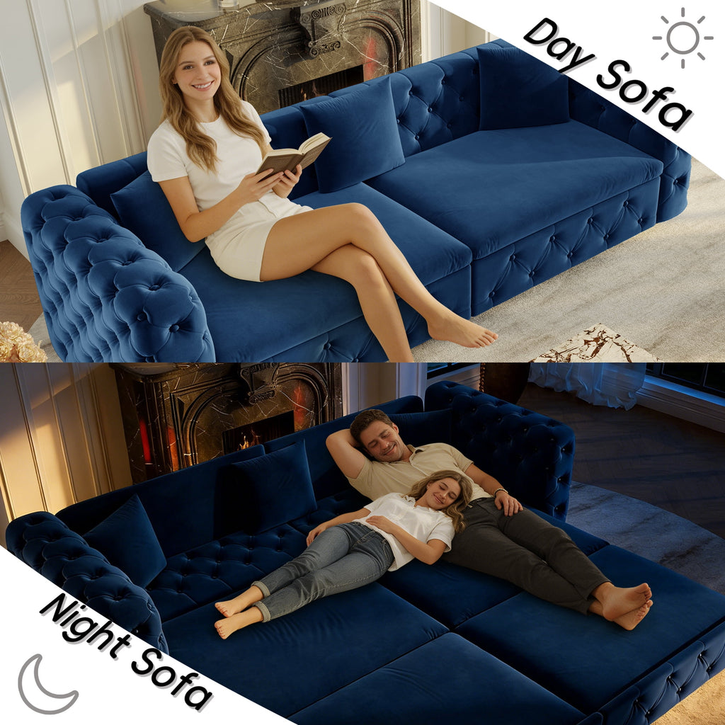  Pull Out Sofa Bed King Size, 89" Chesterfield Sofa Couch Convertible Sofa Bed, Velvet Loveseat Sofa with Tufted Design for Living Room Blue