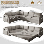  Sectional Sofa, 115" Sectional Couch with Pull Out Sofa Bed King Size, 6 Seat Sofa Convertible Sofa Bed for Living Room Light Gray