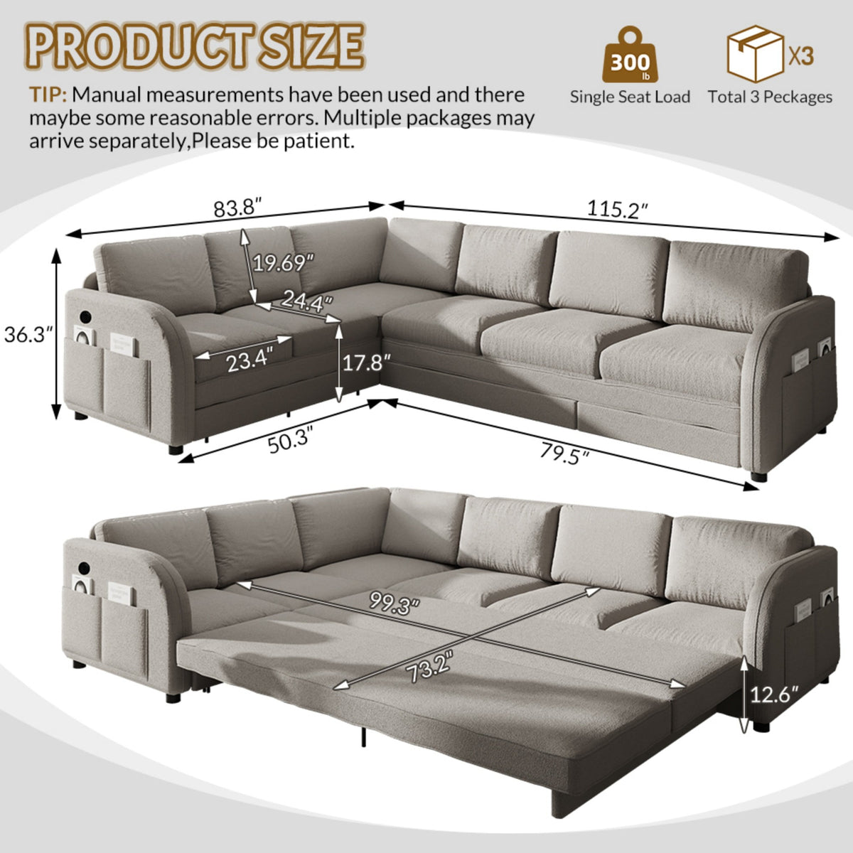  Sectional Sofa, 115" Sectional Couch with Pull Out Sofa Bed King Size, 6 Seat Sofa Convertible Sofa Bed for Living Room Light Gray