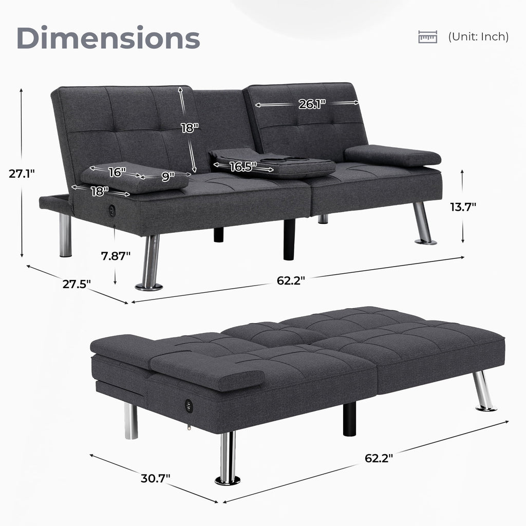  Futon Sofa Bed, 3 Piece Foldable Versatile Guest Couch with Cup Holders & USB Charging Port for Living Room,Gray
