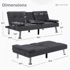  Futon Sofa Bed, 3 Piece Foldable Versatile Guest Couch with Cup Holders & USB Charging Port for Living Room,Gray