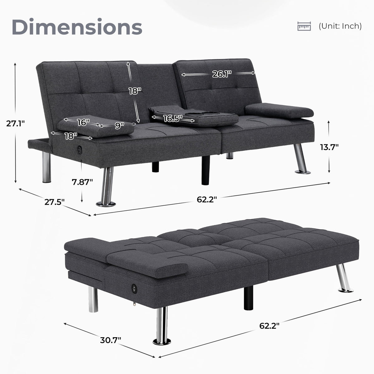  Futon Sofa Bed, 3 Piece Foldable Versatile Guest Couch with Cup Holders & USB Charging Port for Living Room,Gray