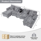 Wiilayok 133" U Shaped Cloud Couch Modular Sectional Couches for Living Room Fluffy Chenille Deep Seat Sofa Set with Double Chaise Lounge, Storage Central Console, Cup Holders, USB Port, Storm Gray