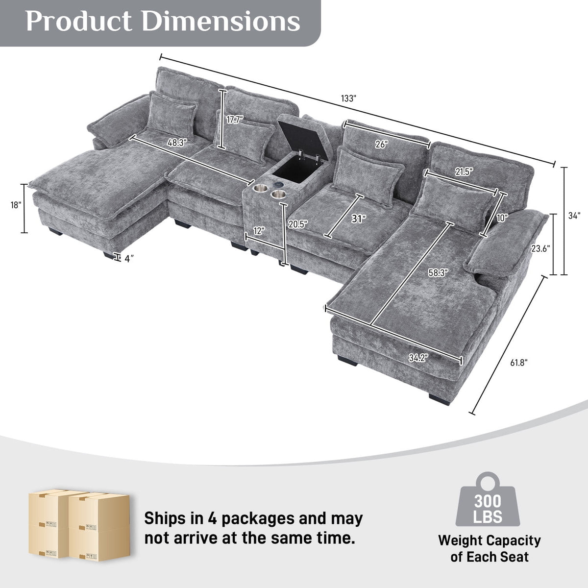 Wiilayok 133" U Shaped Cloud Couch Modular Sectional Couches for Living Room Fluffy Chenille Deep Seat Sofa Set with Double Chaise Lounge, Storage Central Console, Cup Holders, USB Port, Storm Gray