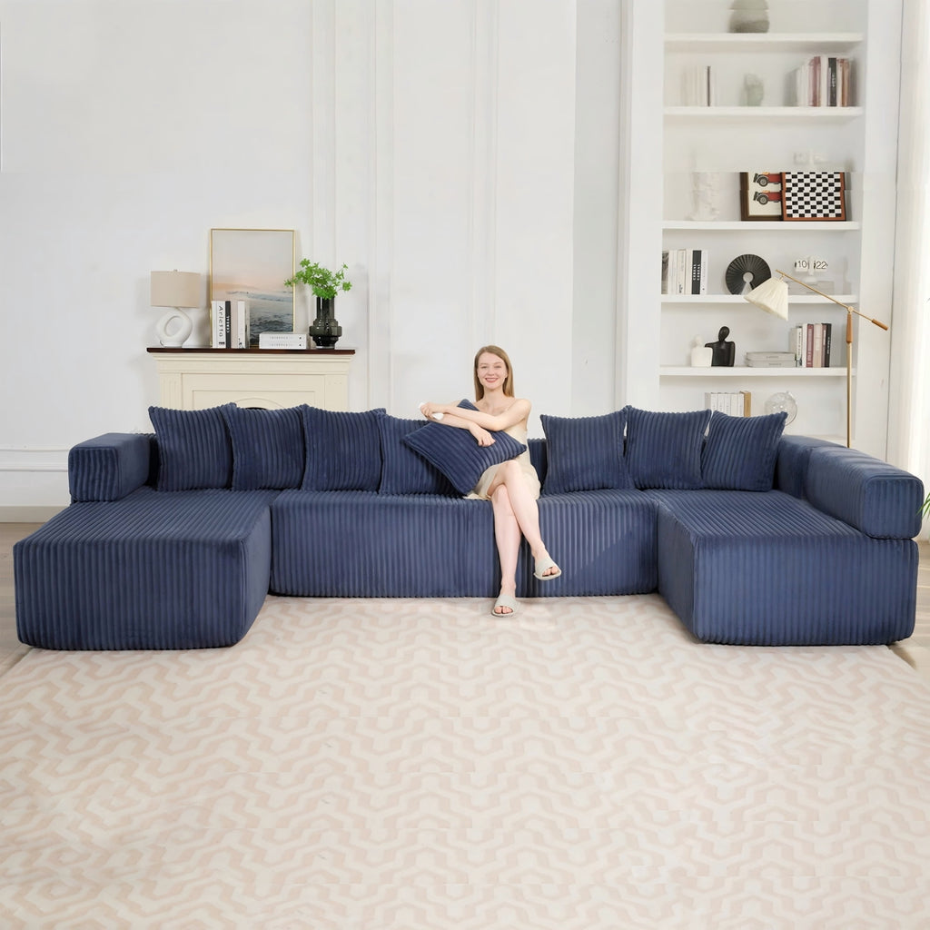  146" Sectional Sofa, U Shaped Sectional Couch with Chaise, 5 Seat Corduroy Sofa Convertible Sleeper Sofa Bed for Living Room Blue