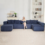  146" Sectional Sofa, U Shaped Sectional Couch with Chaise, 5 Seat Corduroy Sofa Convertible Sleeper Sofa Bed for Living Room Blue