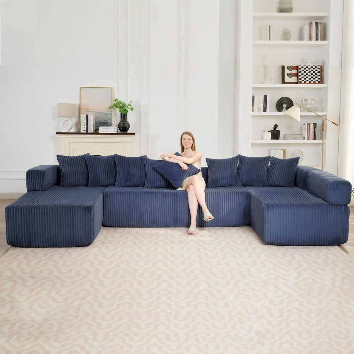  146" Sectional Sofa, U Shaped Sectional Couch with Chaise, 5 Seat Corduroy Sofa Convertible Sleeper Sofa Bed for Living Room Blue