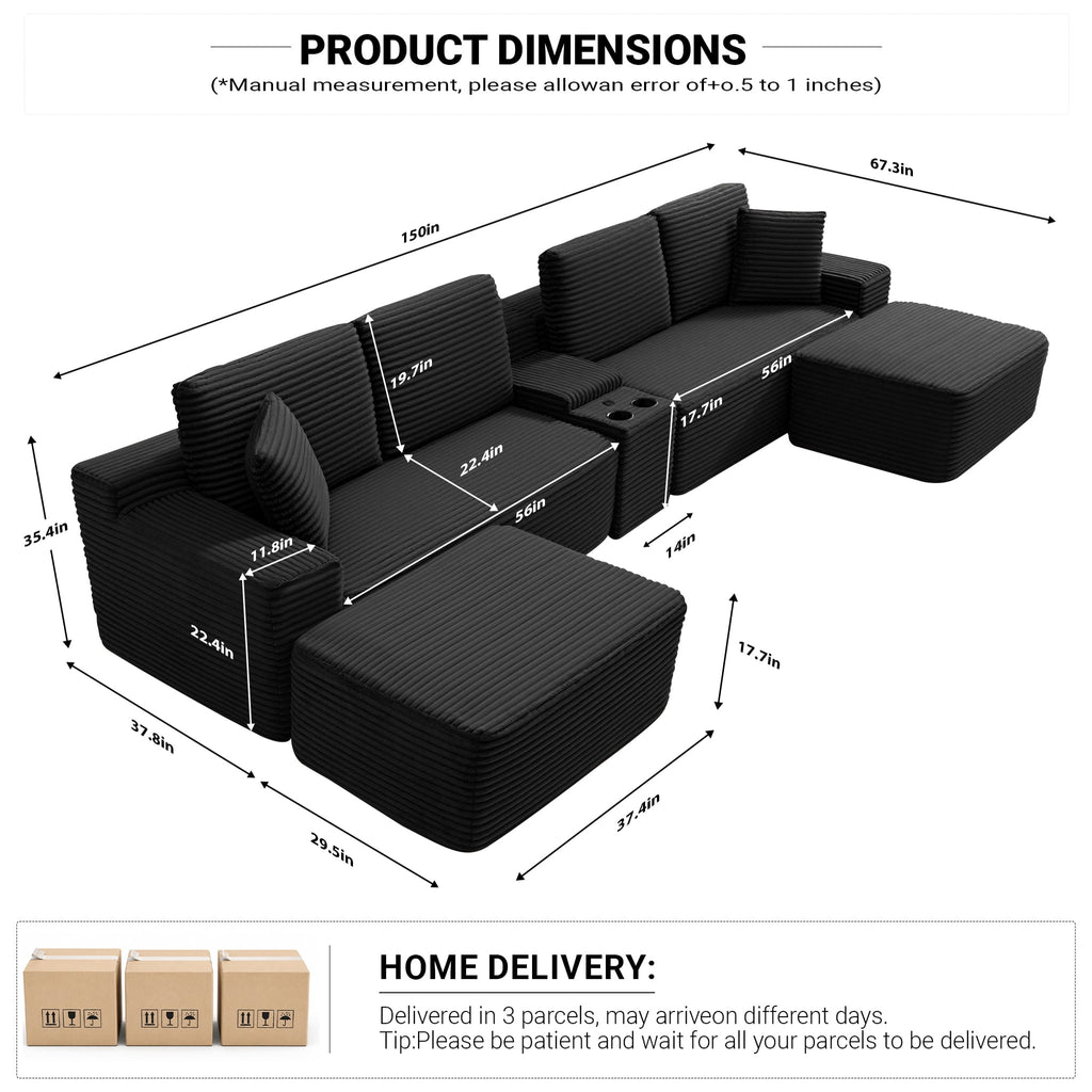  150" Modular Sectional Sofa Couch for Living Room, Corduroy Boneless Sofas, Oversized Modern Cloud Couch, U Shape Couches Deep Seat with USB Ports and Cup Holders, Black
