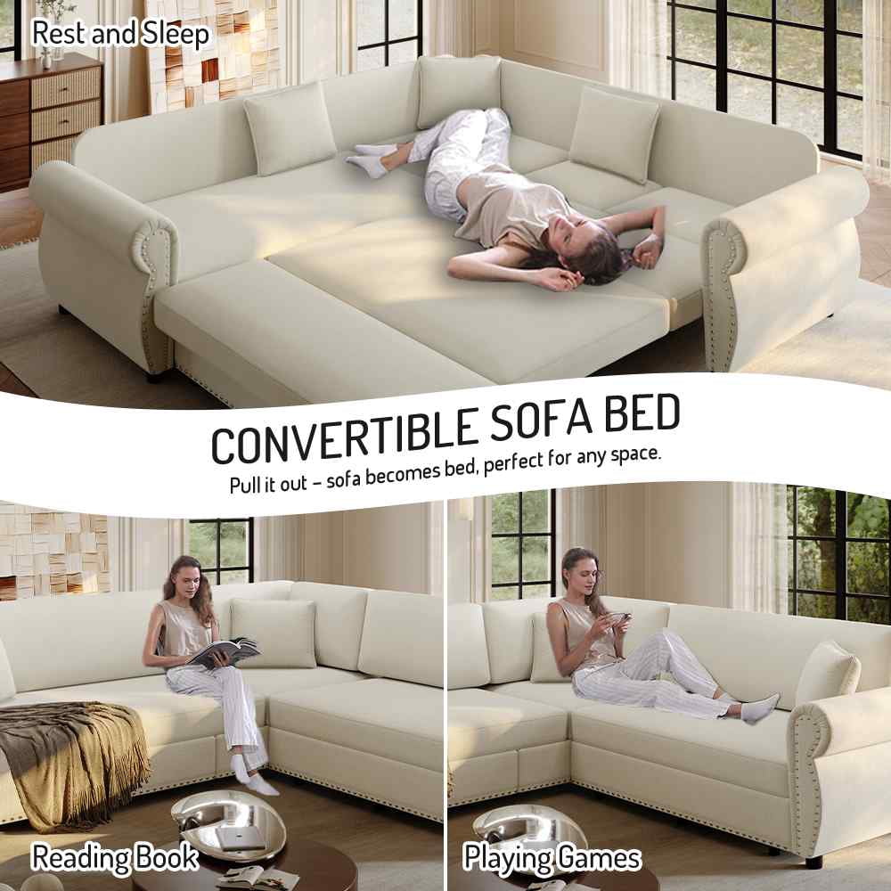 FFH 88.2" Sectional Sofa with Pull Out Bed, Convertible Sleeper Sofa, 5 Seater Chenille Couch for Living Room, Beige