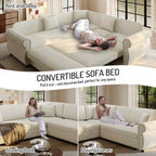 FFH 88.2" Sectional Sofa with Pull Out Bed, Convertible Sleeper Sofa, 5 Seater Chenille Couch for Living Room, Beige