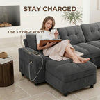 81" Sectional Sleeper Sofa Bed with Pull Out Couch, L-Shaped Chenille Fabric Sofa with USB Ports and Storage Chaise, Charcoal Gray
