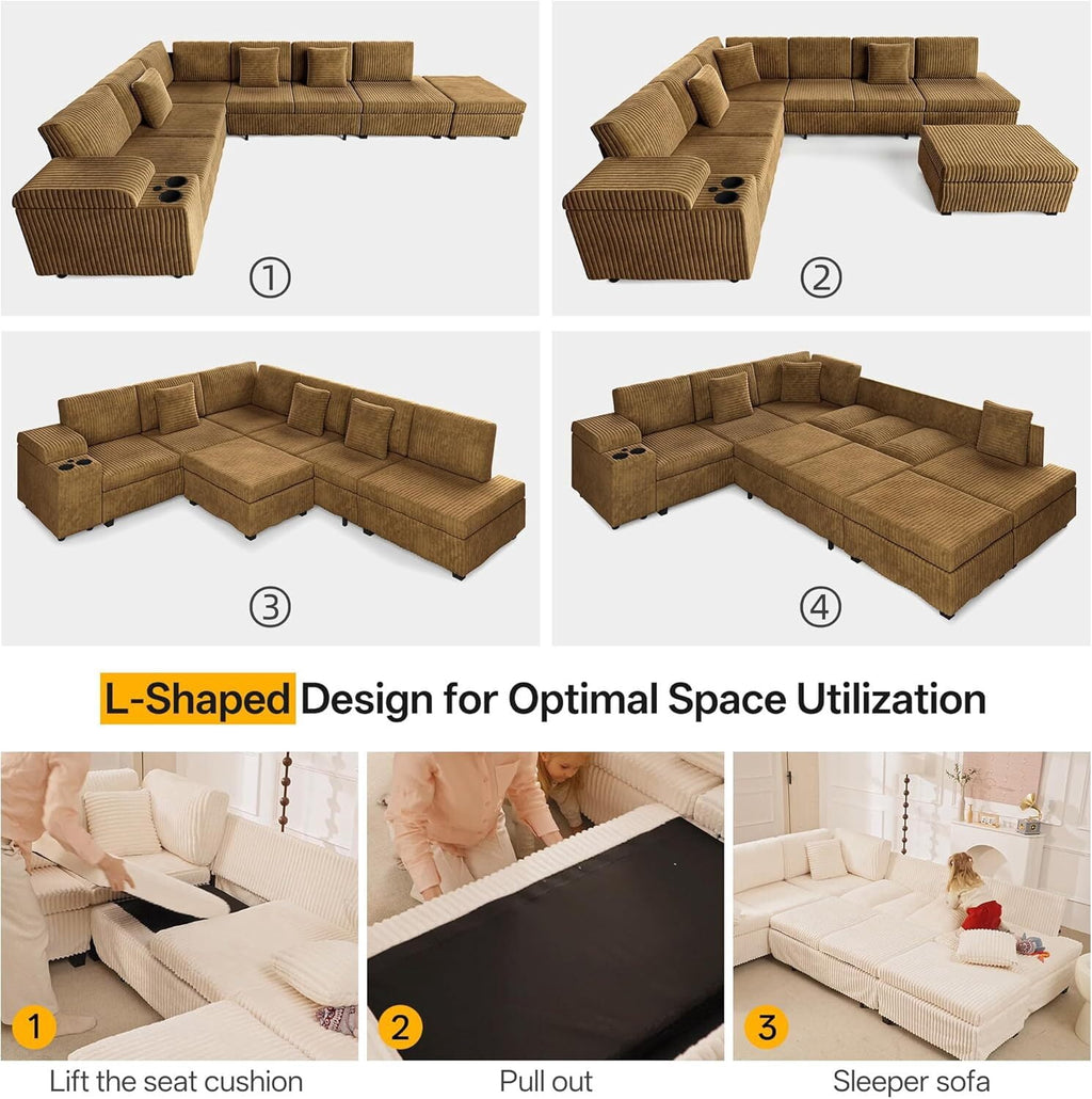 Sectional Sleeper Sofa with Pull Out Bed,110" L-Shaped Modular 6-Seater Cloud Sectional Couch,Convertible Corduroy Sofa for Living Room,Ottoman with USB Charging Ports & Cup Holders,Camel