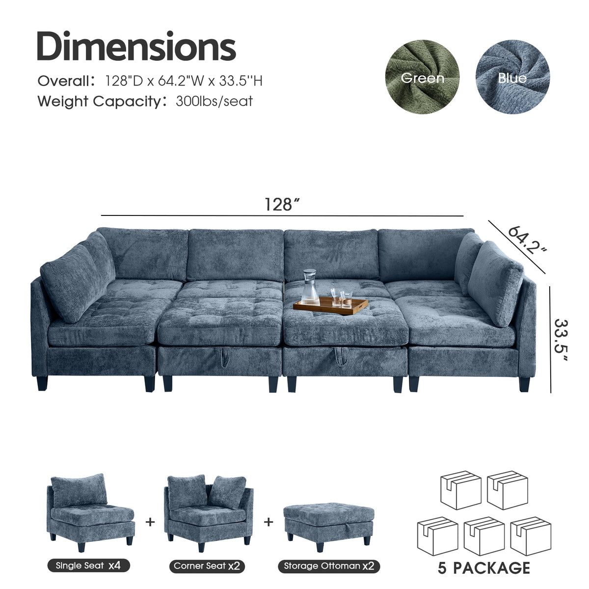 Advwin Oversized Modular Sectional Sofa, 8 Seat Plush Chenille Couch with Storage Ottomans & Thick Cushions, Modern Comfy Convertible L Shaped Sleeper Sofa Bed for Living Room, Blue