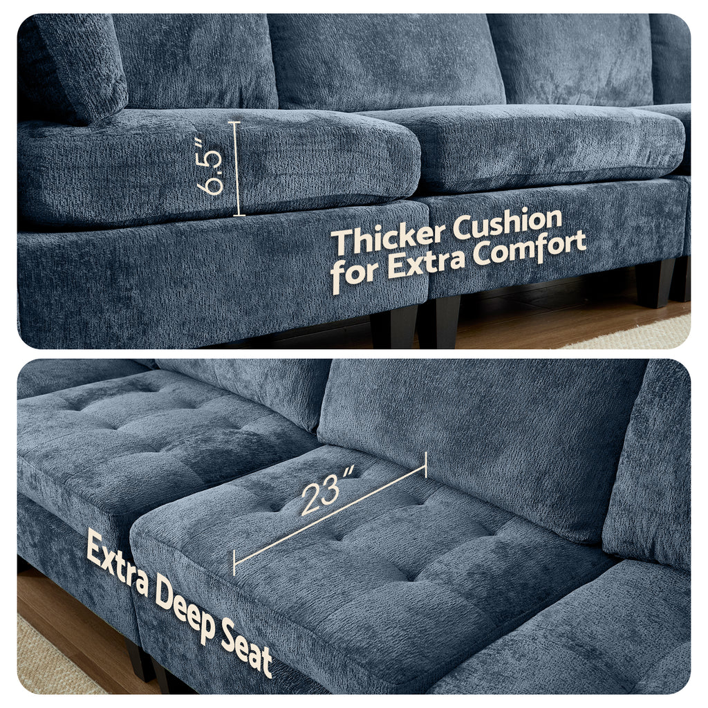 Advwin Oversized Modular Sectional Sofa, 8 Seat Plush Chenille Couch with Storage Ottomans & Thick Cushions, Modern Comfy Convertible L Shaped Sleeper Sofa Bed for Living Room, Blue