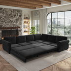  Sectional Sofa Couch, Oversized Chenille Sofa with Pull Out Sofa Bed for Living Room Black