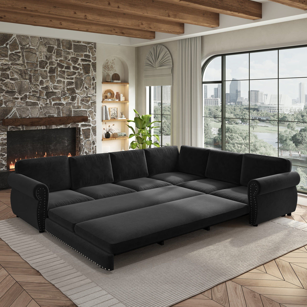  Sectional Sofa Couch, Oversized Chenille Sofa with Pull Out Sofa Bed for Living Room Black